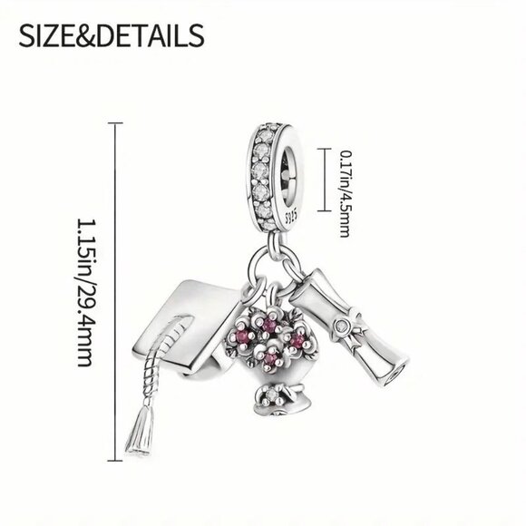 Sterling Silver Graduation Charm Diploma and Cap Dangle - Picture 3 of 4